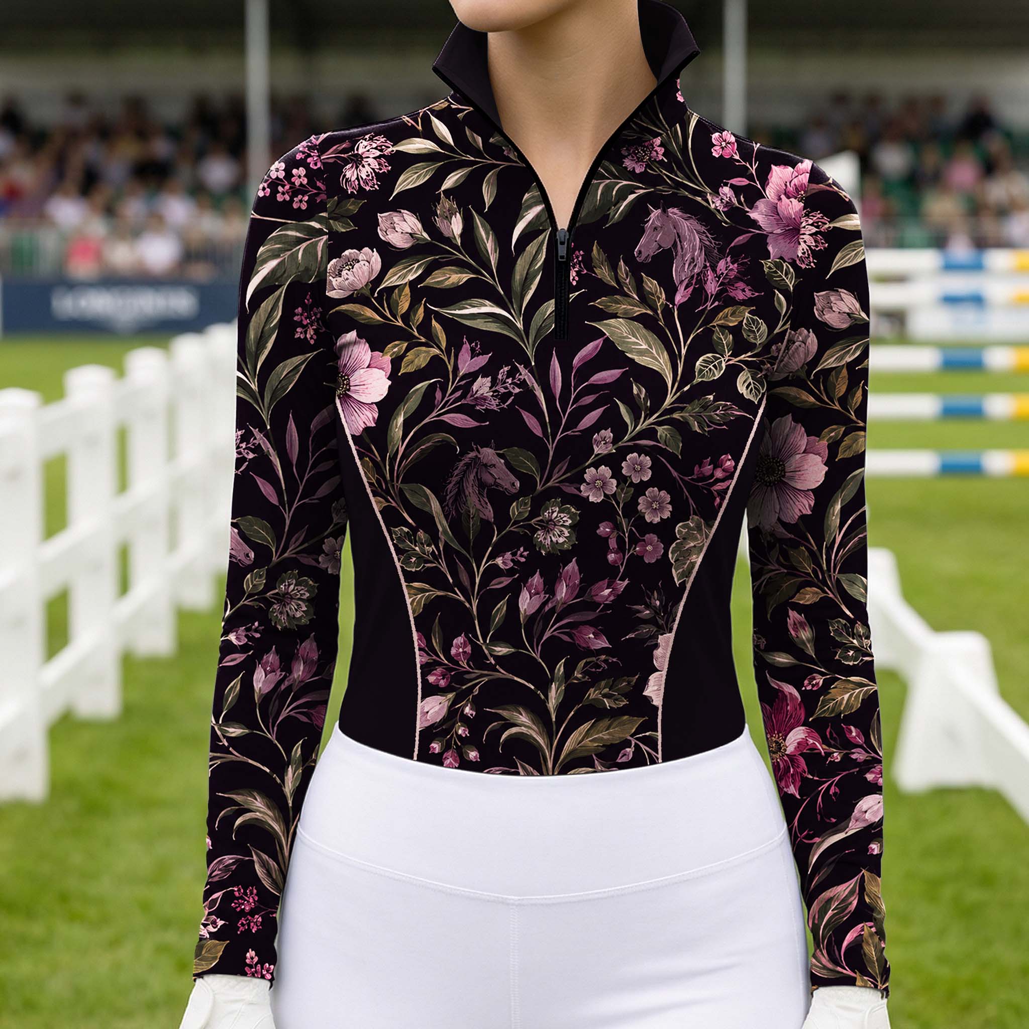 White background studio mockup of women’s black long‑sleeve quarter‑zip riding top with all‑over vintage purple floral and horse‑silhouette print, contrast piped side panels