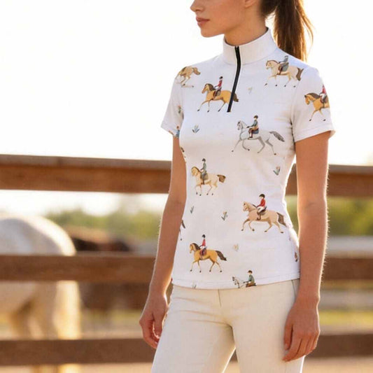 Off White Cartoon Show Jumping Rider Pony Ditsy Print Short-Sleeve Quarter-Zip Riding Top