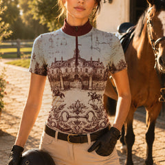 Paddock lifestyle shot of female rider mounted on brown horse wearing burgundy collar French chateau blueprint print short‑sleeve riding top, white breeches and white riding gloves