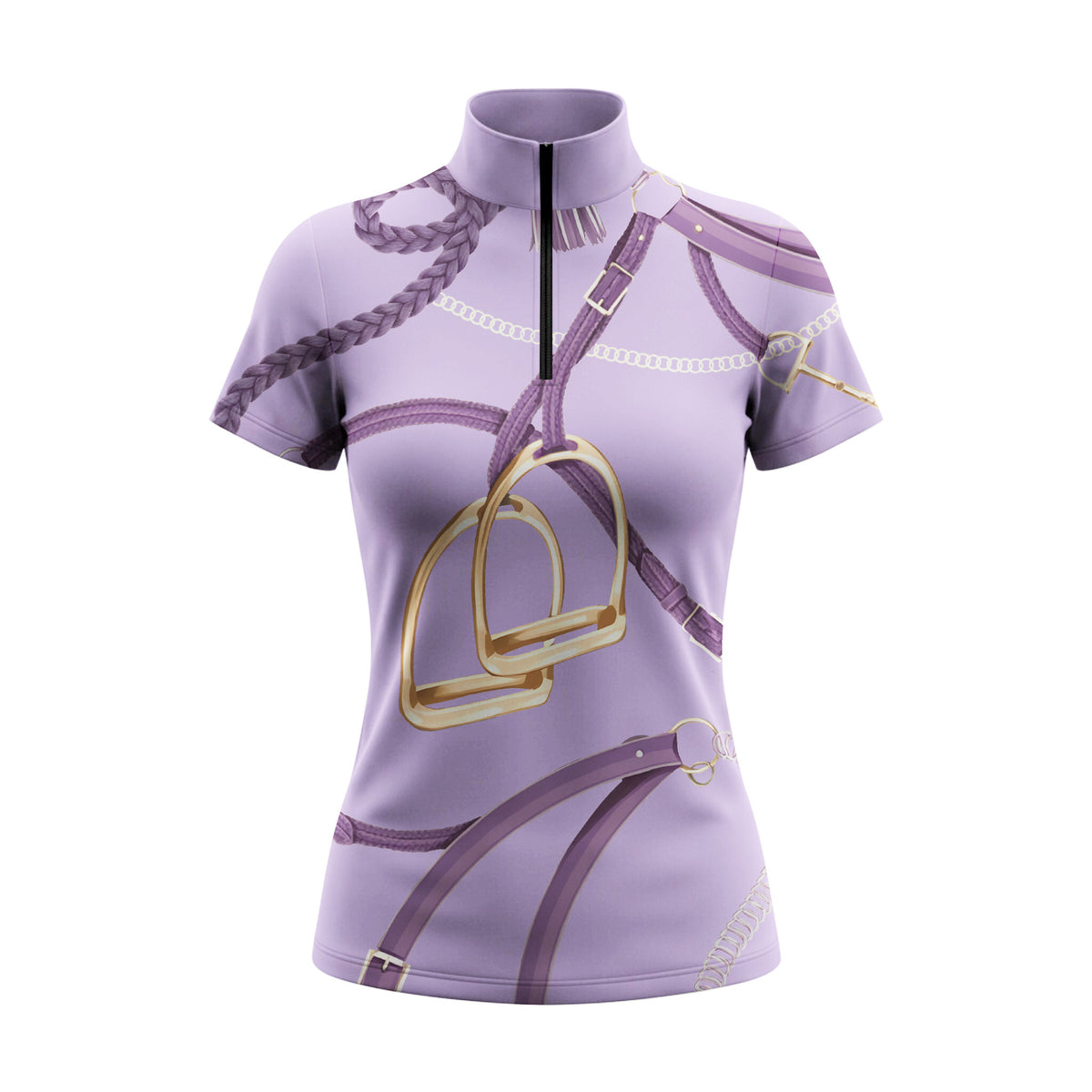 RIDER ATELIER Lavender Equestrian Stirrup & Bridle Print Short Sleeve Riding Top