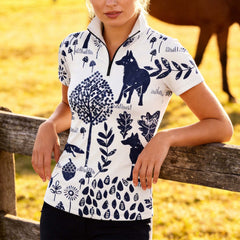 Off White Navy Blue Woodland Wolf Fox Forest Allover Print Short-Sleeve Quarter-Zip Riding Top