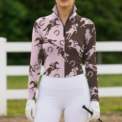 RIDER ATELIER Pink & Brown Split Racehorse Silhouette Print Long-Sleeve Quarter-Zip Riding Top