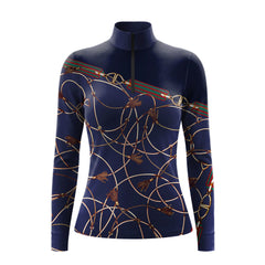 Navy Equestrian Bit Chain Tassel Scarf‑Print Long‑Sleeve Quarter‑Zip Riding Top | Free Matching Design Scarf Gift