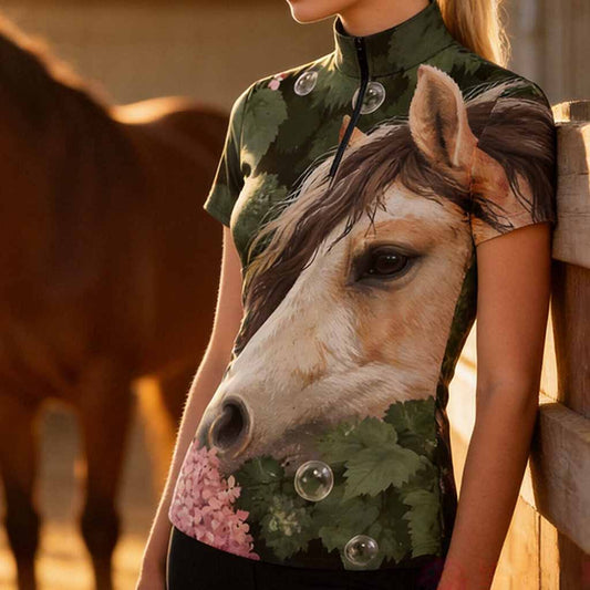 Dark Green Foliage Pink Hydrangea Realistic Horse Head Full Print Short-Sleeve Quarter-Zip Riding Top