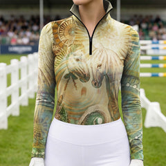 Art Nouveau Swirl Two Horses Sunburst Watercolor Full Print Long-Sleeve Quarter-Zip Riding Top