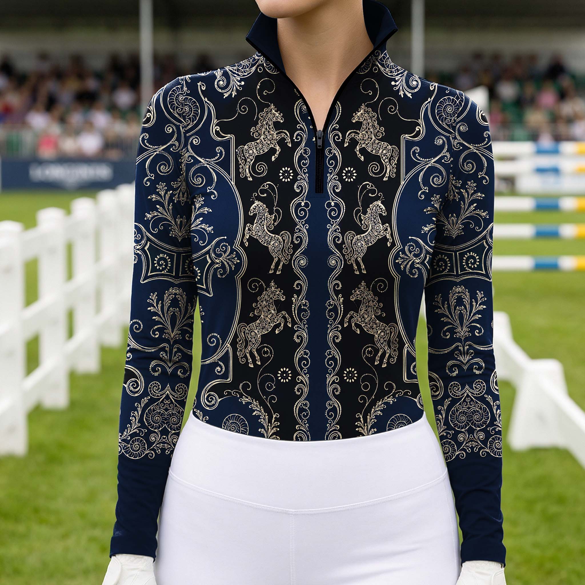 Lifestyle shot with brown horse nuzzling rider’s shoulder, female equestrian leans against light wall in navy‑black vintage golden carousel‑horse scroll‑filigree print riding top and white riding gloves