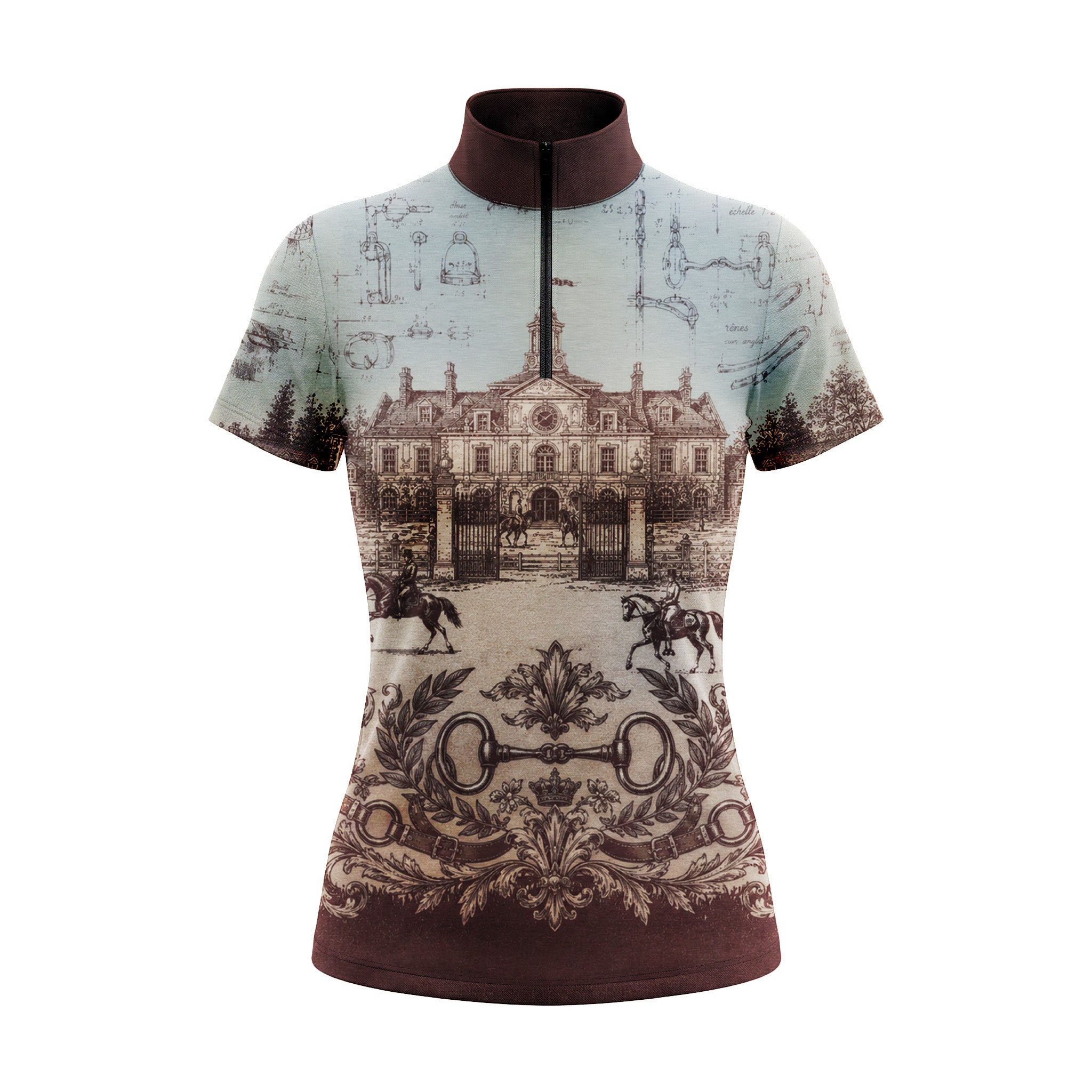 White fence paddock lifestyle shot of female equestrian leaning on fence wearing vintage French chateau blueprint print short‑sleeve riding top, paired with white breeches