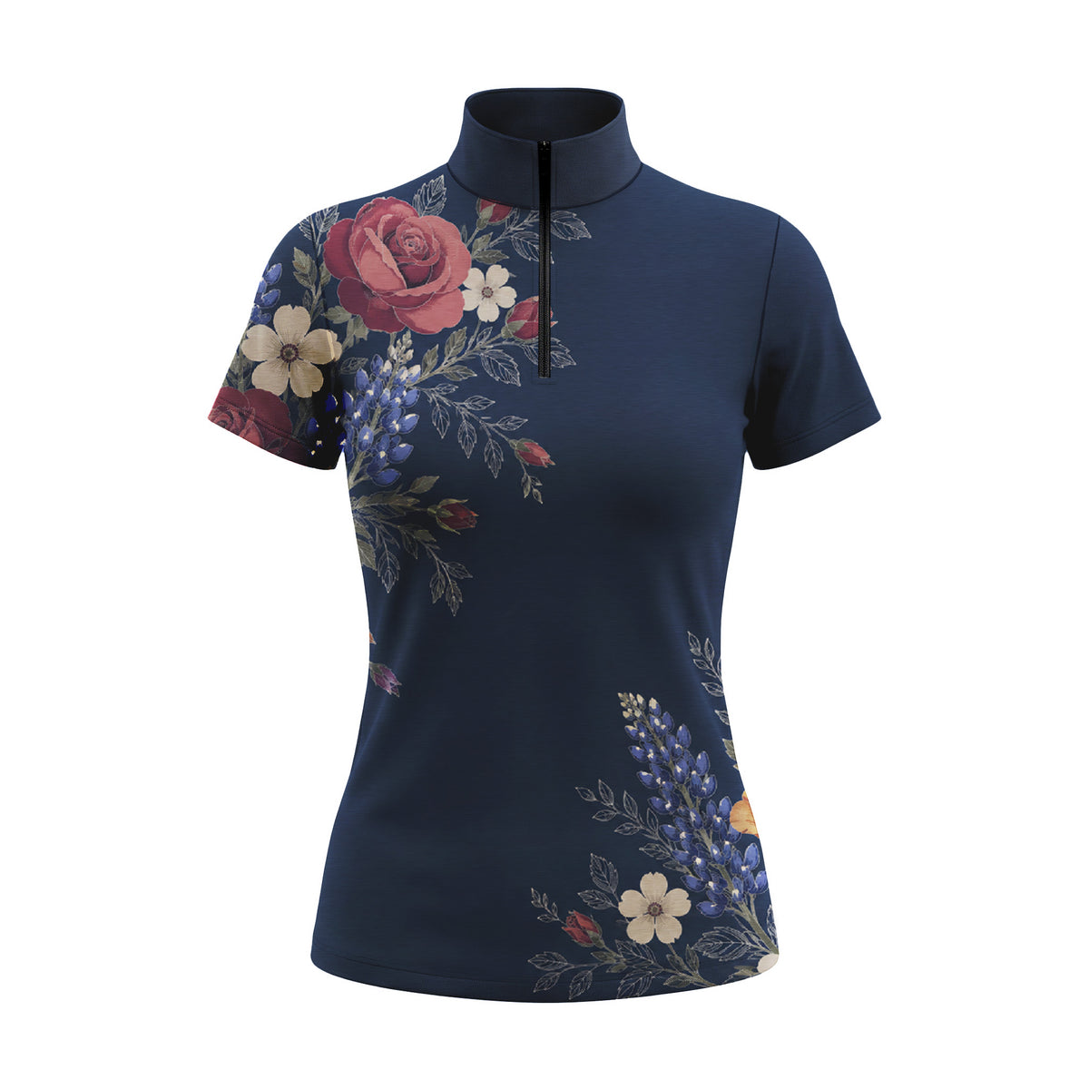 Studio white‑background product mockup of women’s navy short‑sleeve quarter‑zip riding top with full vintage rose and wild lupine side‑panel floral print
