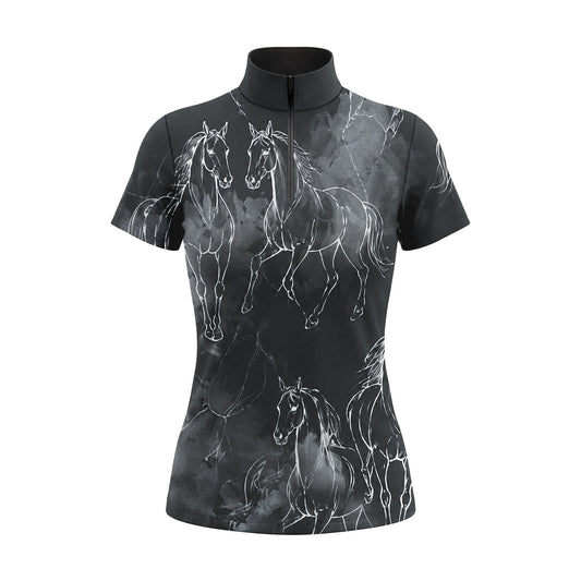 RIDER ATELIER Watercolor Sketch Horses Print Short-Sleeve Equestrian Top