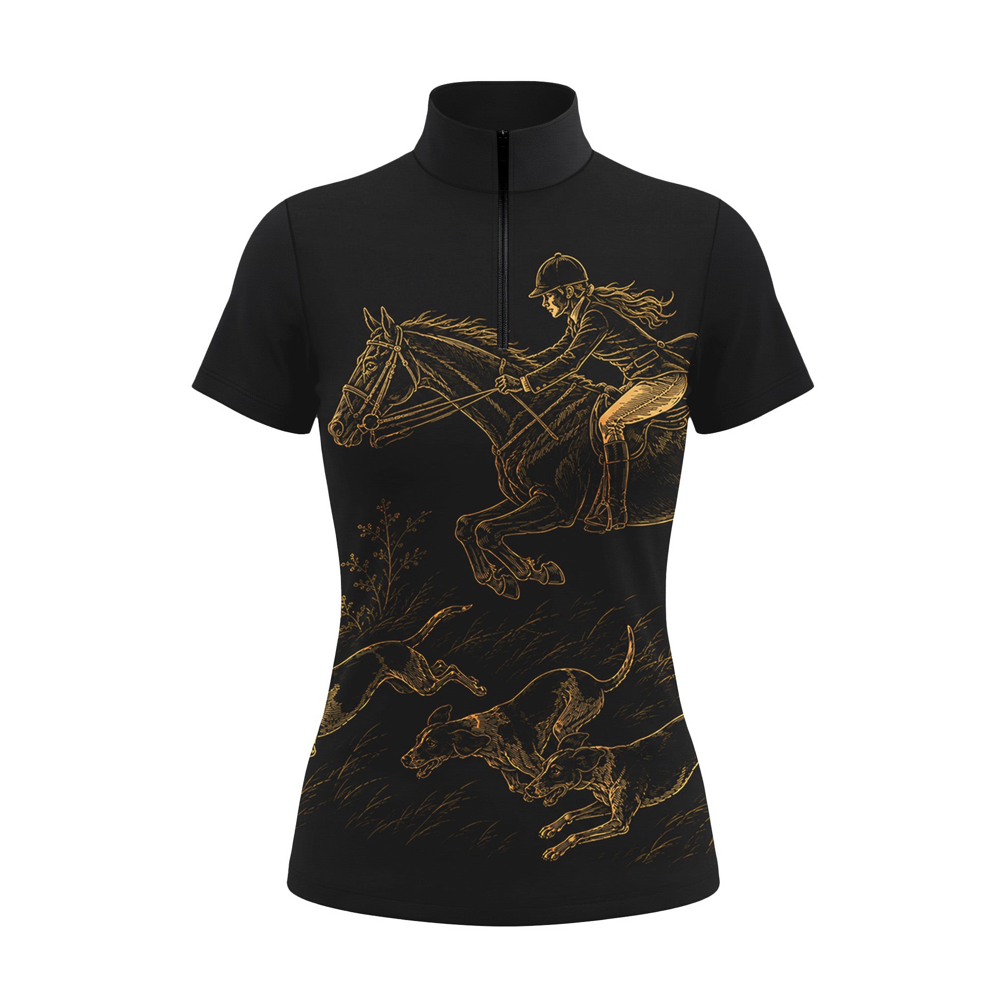 Studio white‑background product mockup of forest‑green short‑sleeve quarter‑zip riding top with gold line‑art jumping rider and hunting hounds print