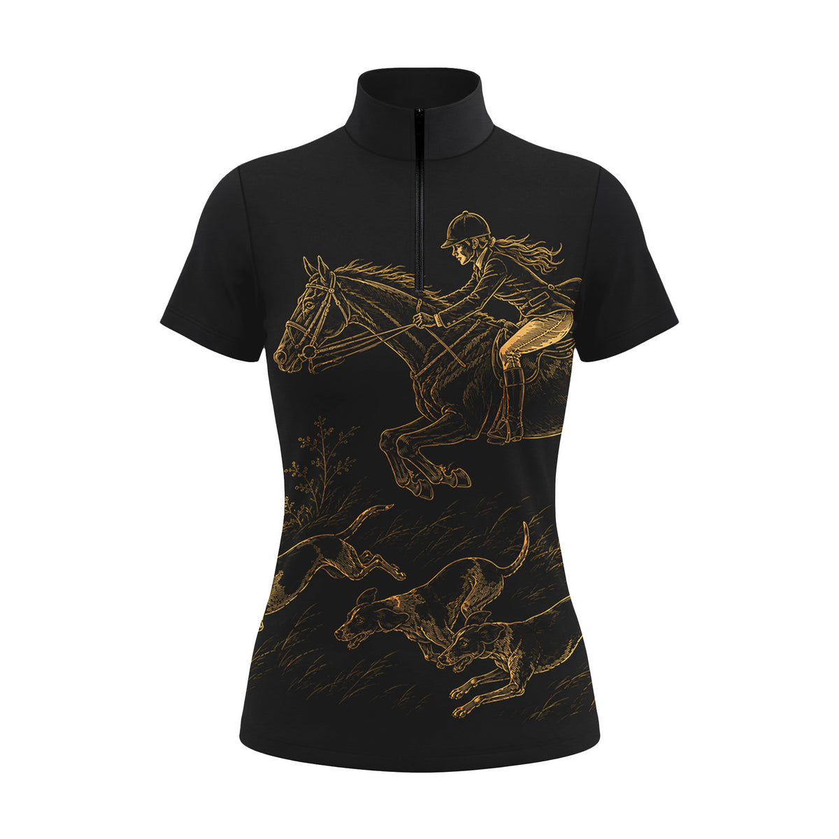 Studio white‑background product mockup of forest‑green short‑sleeve quarter‑zip riding top with gold line‑art jumping rider and hunting hounds print