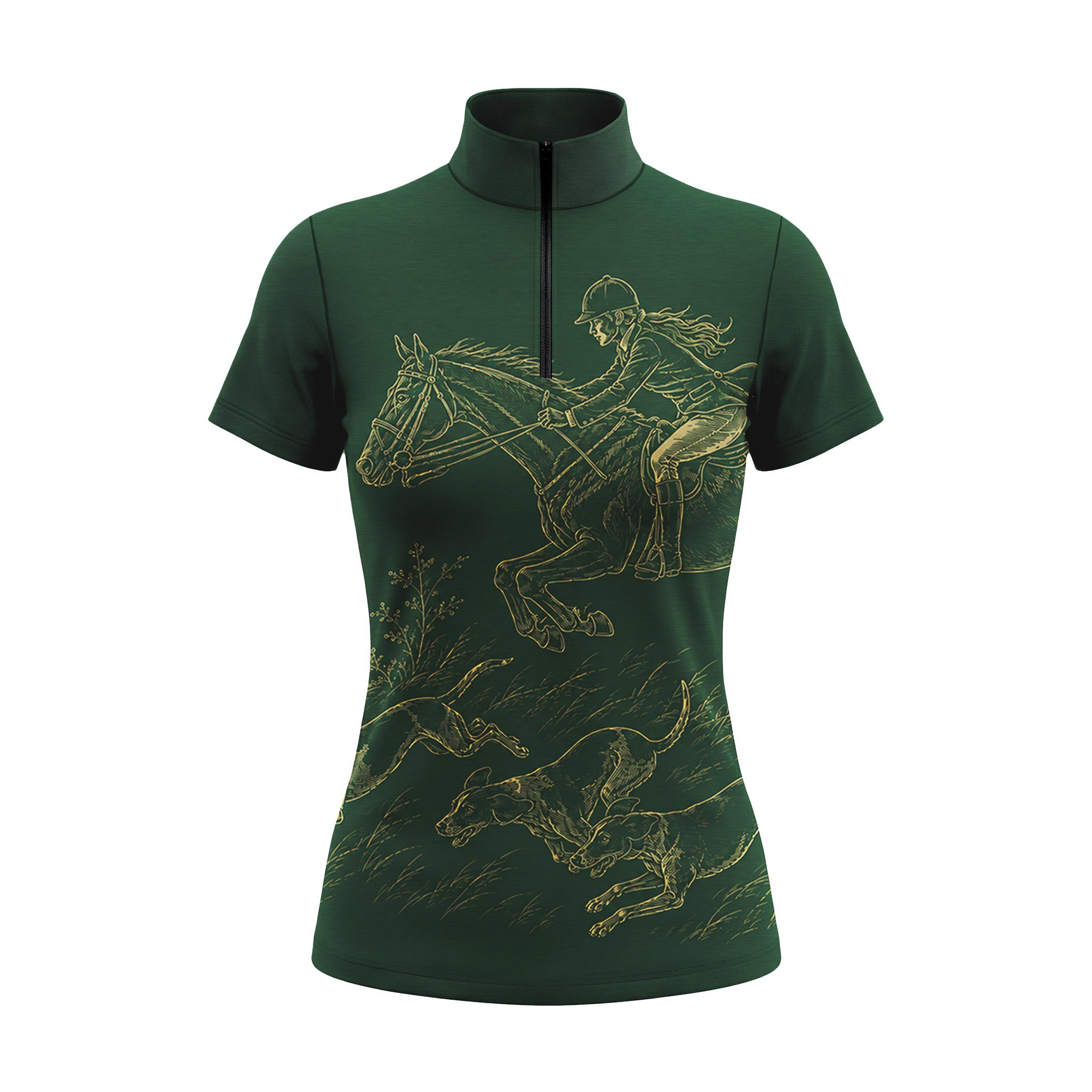 Outdoor equestrian arena model shot of rider in white breeches wearing black short‑sleeve quarter‑zip riding top with gold hunt‑scene artwork