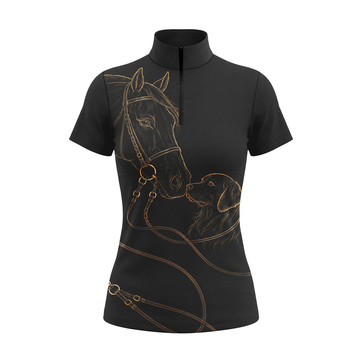 Black Gold Line Art Horse And Golden Retriever Bridle Reins Full Print Short-Sleeve Quarter-Zip Riding Top