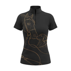Black Gold Line Art Horse And Golden Retriever Bridle Reins Full Print Short-Sleeve Quarter-Zip Riding Top