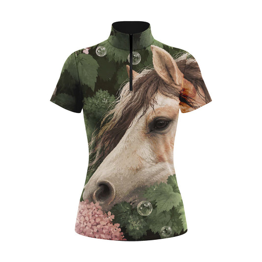 Dark Green Foliage Pink Hydrangea Realistic Horse Head Full Print Short-Sleeve Quarter-Zip Riding Top