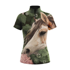 Dark Green Foliage Pink Hydrangea Realistic Horse Head Full Print Short-Sleeve Quarter-Zip Riding Top