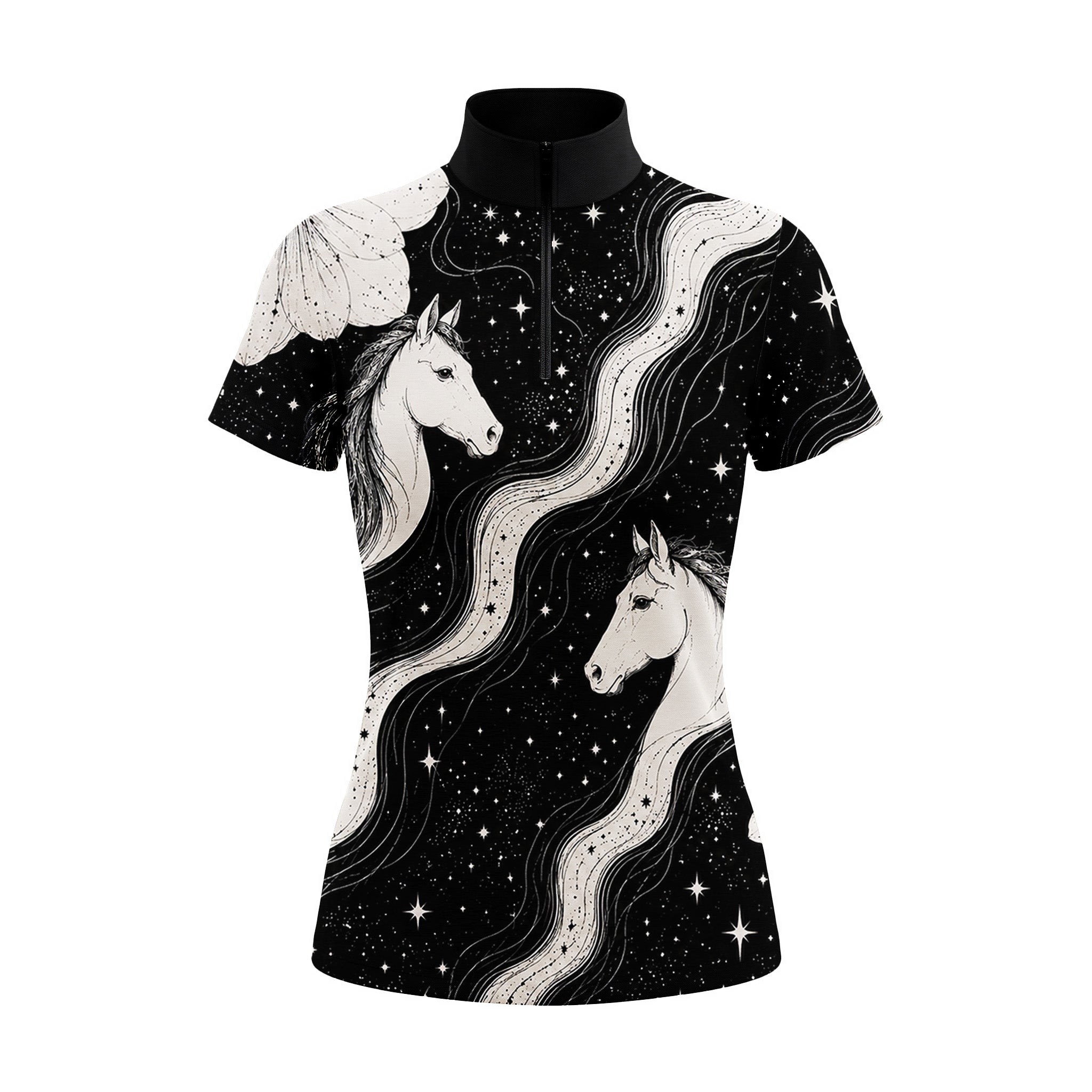 Clean studio white‑background product mockup of women's black‑base celestial starry galaxy dual white horse & floral shoulder print short‑sleeve quarter‑zip riding top