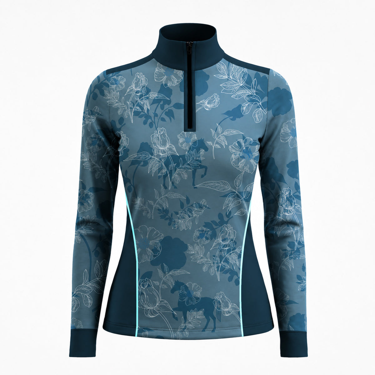 Teal Color Block White Line Floral Ghost Horse Print Long-Sleeve Quarter-Zip Riding Top