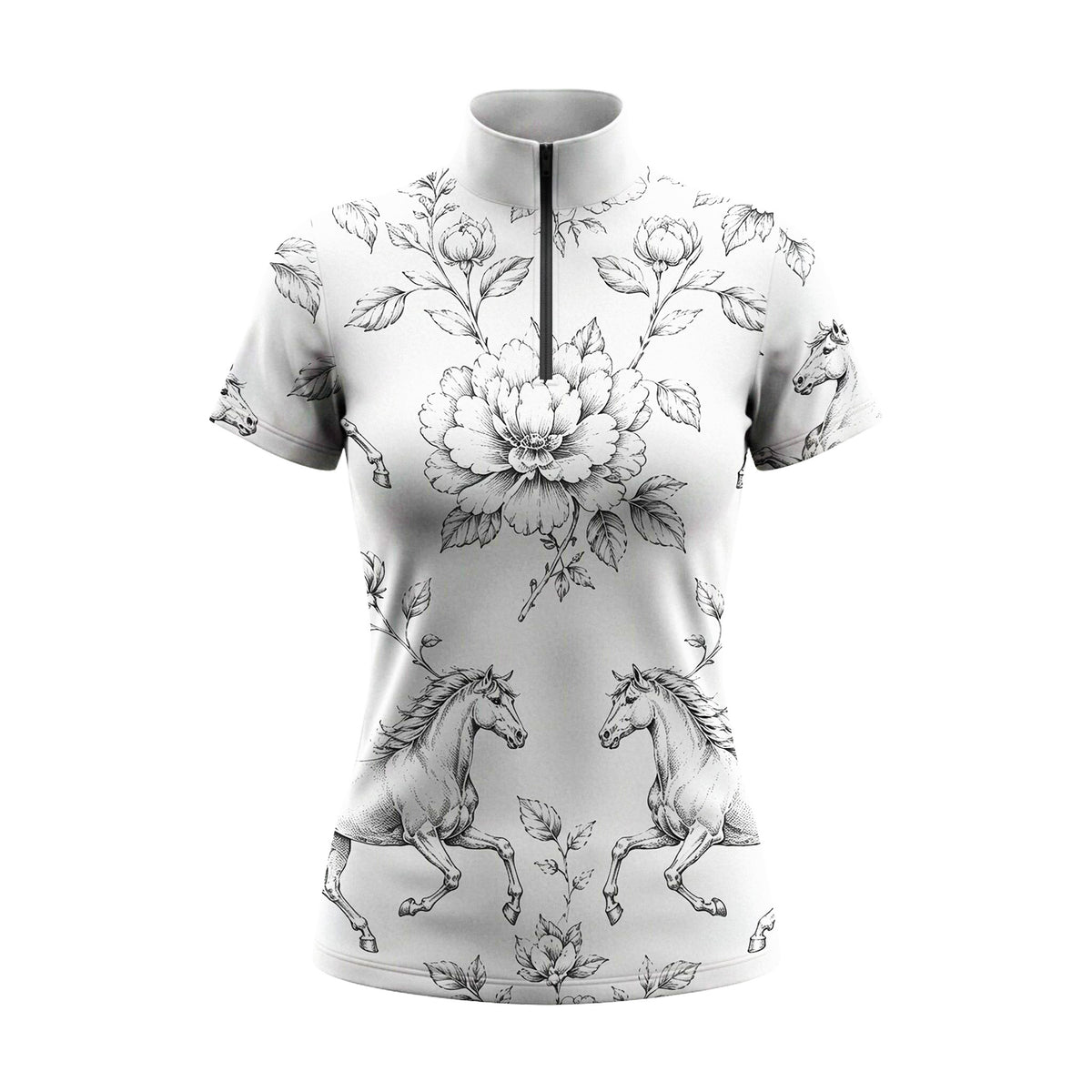 RIDER ATELIER Peony & Horse Sketch Print Short-Sleeve Quarter-Zip Riding Top