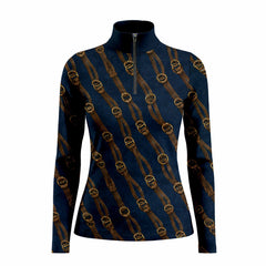 Equestrian Bit & Bridle Diagonal Print Long‑Sleeve Quarter‑Zip Riding Top