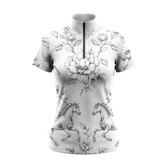 RIDER ATELIER Peony & Horse Sketch Print Short-Sleeve Quarter-Zip Riding Top