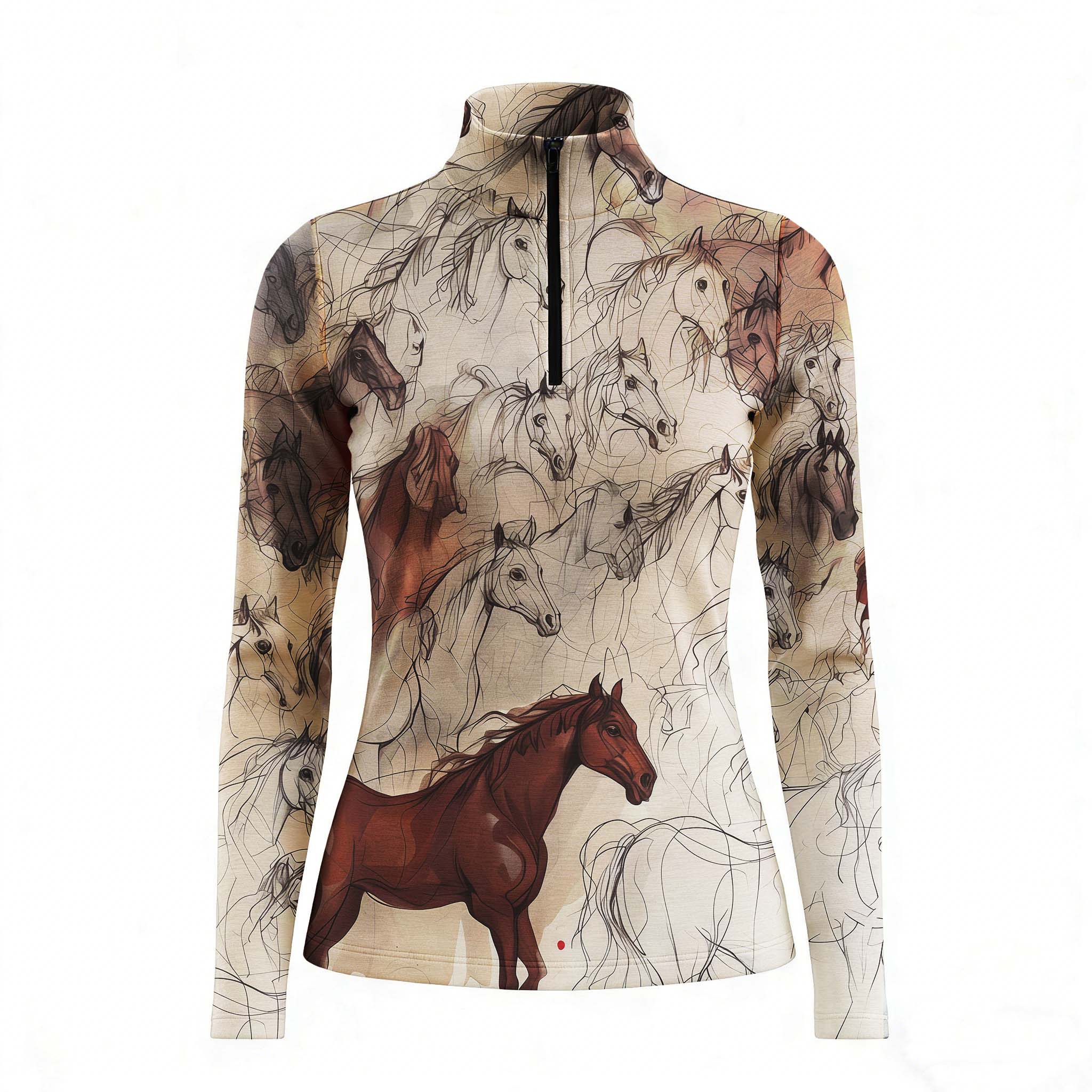 Front view of beige horse sketch allover print equestrian quarter-zip riding top, isolated on white background