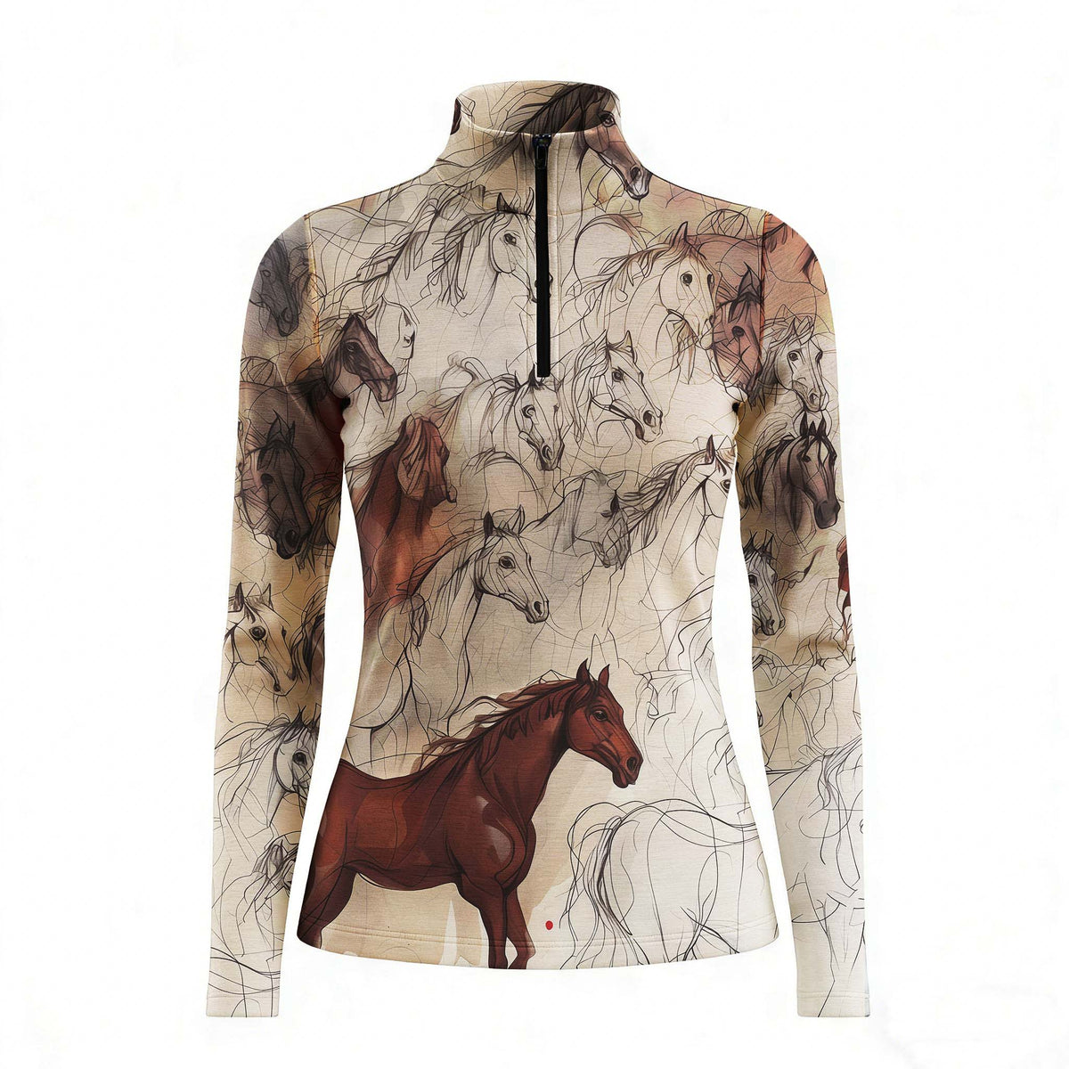 Front view of beige horse sketch allover print equestrian quarter-zip riding top, isolated on white background
