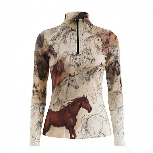 Front view of beige horse sketch allover print equestrian quarter-zip riding top, isolated on white background