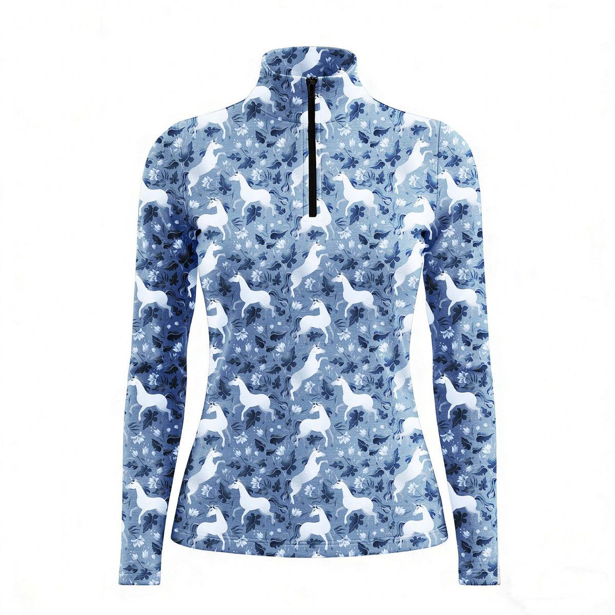 RIDER ATELIER Prancing Horse Equestrian Quarter-Zip Top | Blue Floral Riding Shirt