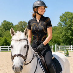 RIDER ATELIER Black Gold Abstract Horse Line Art Short-Sleeve Quarter-Zip Riding Top