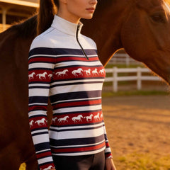 Multi‑Color Stripe Galloping Horse Silhouette Print Long‑Sleeve Quarter‑Zip Riding Top