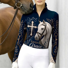 Navy Christian Cross White Horse Saved By Grace Raised On Horses Gold Floral Bit Allover Print Long-Sleeve Quarter-Zip Riding Top