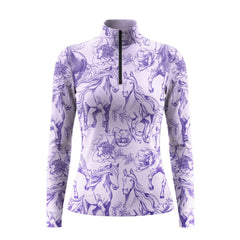 RiderAtelier Women's Floral Horse Sketch Allover Print 1/4 Zip Equestrian Top | Available in Pink & Gray
