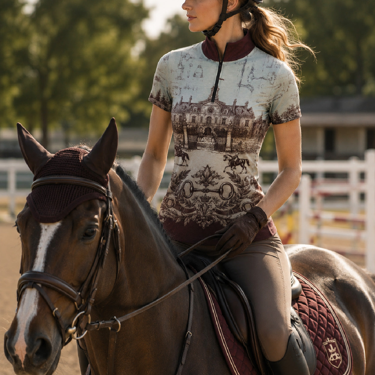 Outdoor paddock lifestyle shot of female equestrian holding riding crop wearing vintage French chateau blueprint art short‑sleeve riding top with white gloves and white breeches