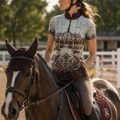 Outdoor paddock lifestyle shot of female equestrian holding riding crop wearing vintage French chateau blueprint art short‑sleeve riding top with white gloves and white breeches