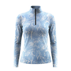RiderAtelier Women's Floral Horse Sketch Allover Print 1/4 Zip Equestrian Top | Available in Pink & Gray