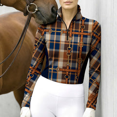 Dark Green Tartan Vintage Leather‑Strap Bridle‑Hardware Print Long‑Sleeve Quarter‑Zip Riding Top