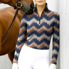RIDER ATELIER Ikat Chevron Equestrian Quarter-Zip Top | Navy-Tan Riding Shirt