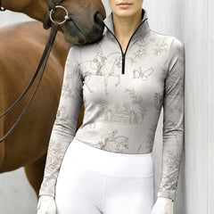 RIDER ATELIER Beige Equestrian Toile De Jouy Print Long-Sleeve Quarter-Zip Riding Top