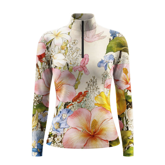 RIDER ATELIER Blue Floral Garden Print Long-Sleeve Quarter-Zip Riding Top