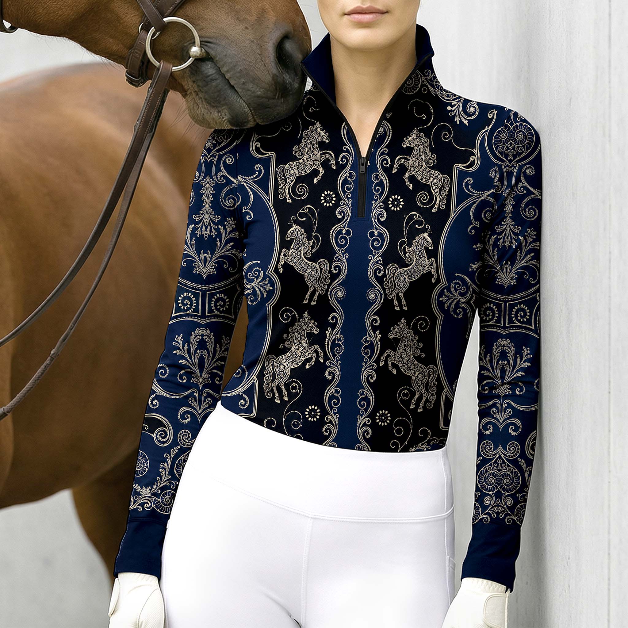 Clean white background studio product mockup of navy‑black long‑sleeve quarter‑zip riding top with exclusive vintage golden ornate carousel‑horse scroll‑filigree all‑over print