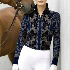 Clean white background studio product mockup of navy‑black long‑sleeve quarter‑zip riding top with exclusive vintage golden ornate carousel‑horse scroll‑filigree all‑over print