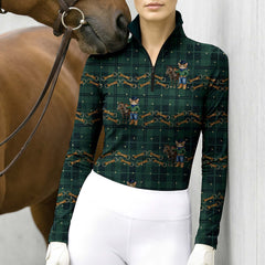 Dark Green Tartan Cowboy Cat With Pony & Gold Horse Bit All‑Over Print Long‑Sleeve Quarter‑Zip Riding Top