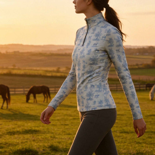 Off White Soft Blue Equestrian Toile De Jouy Horse Rider Tree Ditsy Print Long-Sleeve Quarter-Zip Riding Top