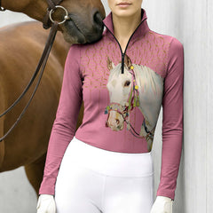 Dusty Pink Golden Geometric Line Colorful Bridle White Horse Portrait Full Print Long-Sleeve Quarter-Zip Riding Top