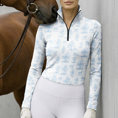Off White Soft Blue Equestrian Toile De Jouy Horse Rider Tree Ditsy Print Long-Sleeve Quarter-Zip Riding Top