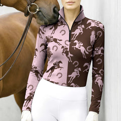 RIDER ATELIER Pink & Brown Split Racehorse Silhouette Print Long-Sleeve Quarter-Zip Riding Top