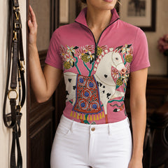 RIDER ATELIER Folk Art Horse Print Short-Sleeve Quarter-Zip Riding Top