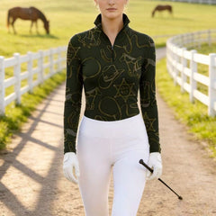 RIDER ATELIER Cowboy Western Equestrian Quarter-Zip Top | Olive Green Riding Shirt
