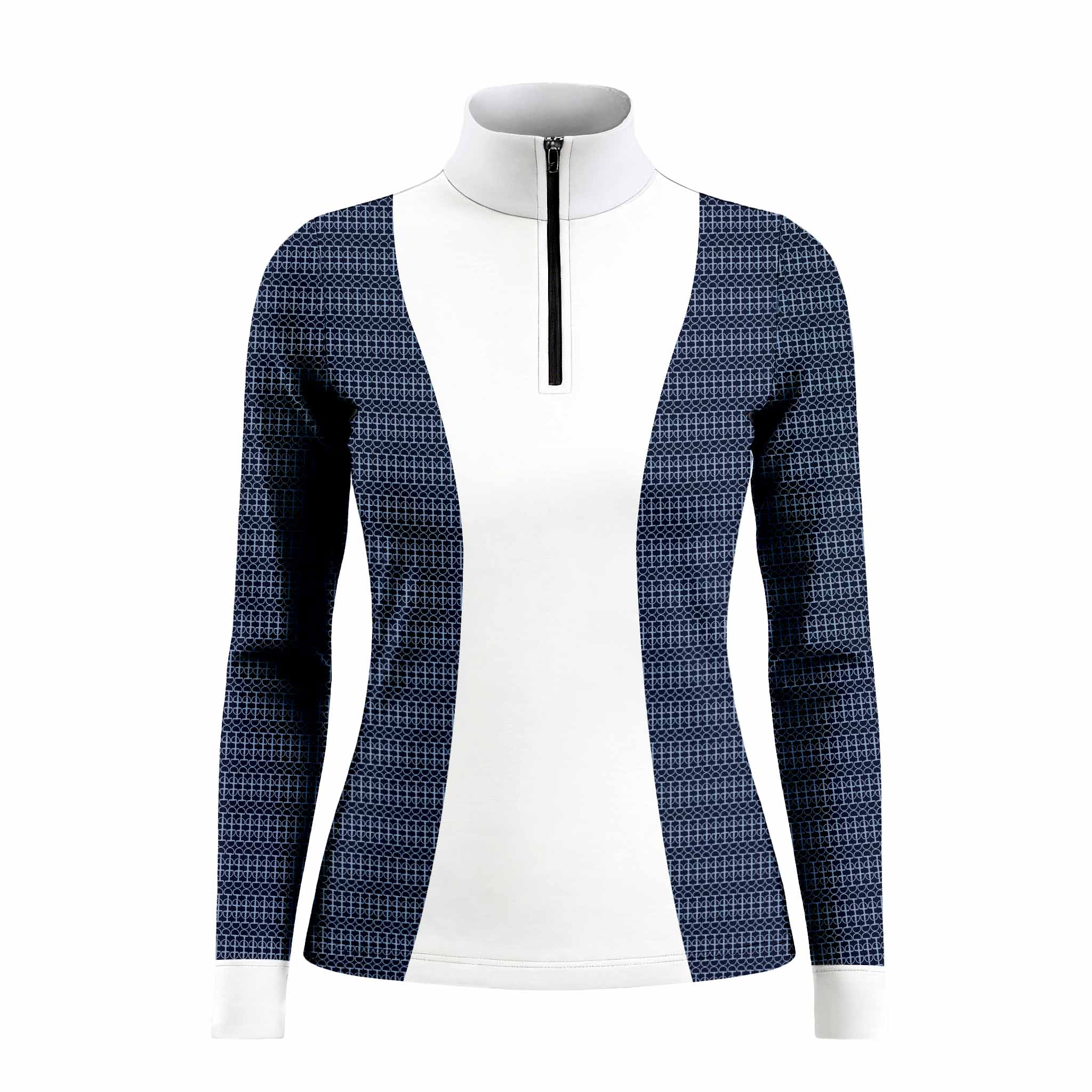 Studio white‑background product mockup of women’s light‑blue side‑spliced long‑sleeve quarter‑zip riding top with white central panel and fence‑grid geometric print